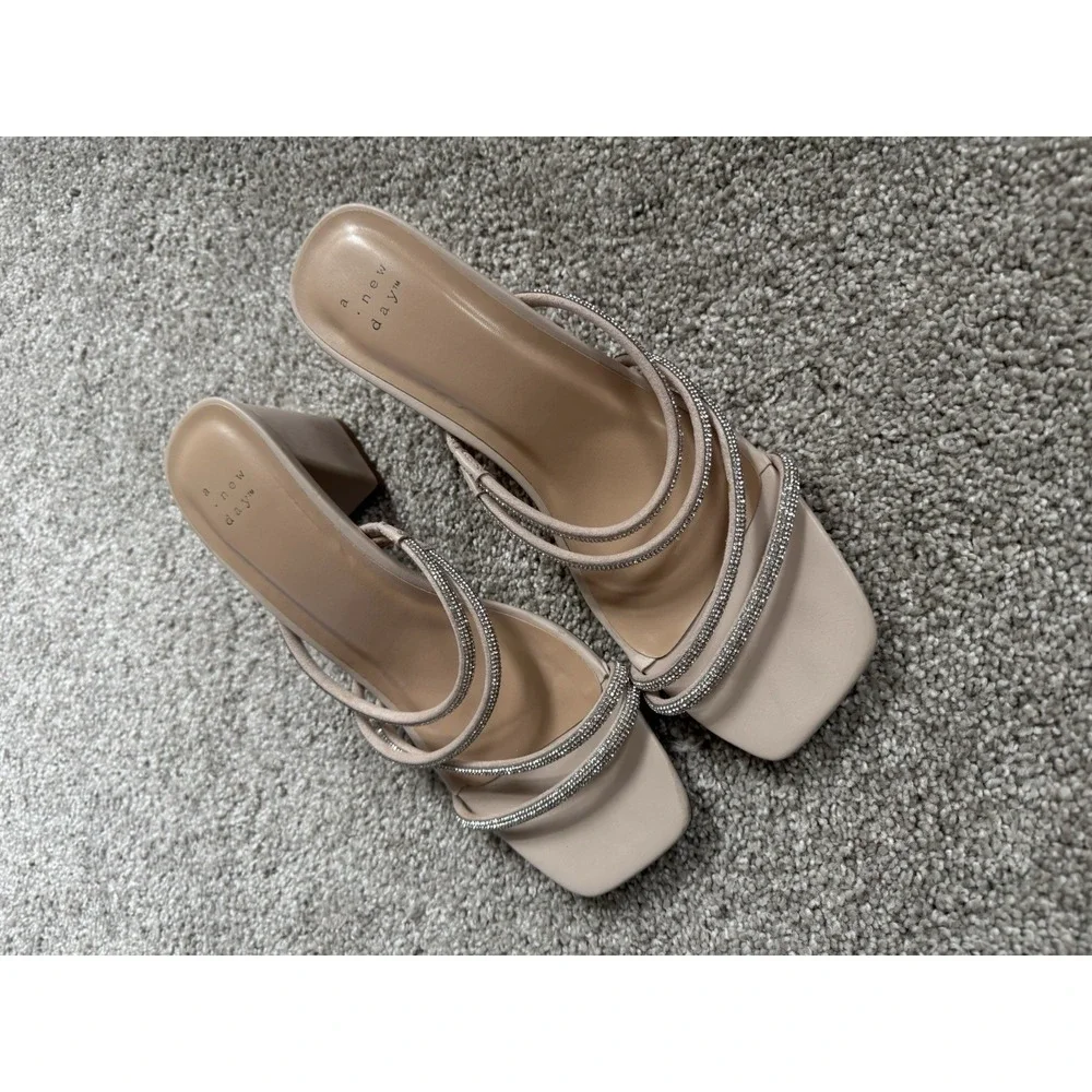 A New Day Rhinestone Strappy Slide Sandals Slip On Square Toe Beige 8.5